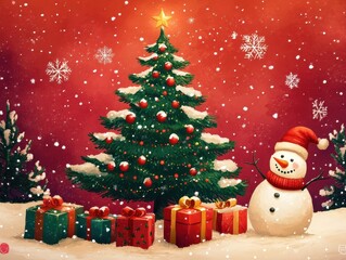 Fototapeta premium Joyful Christmas Scene with Snowman and Decorated Tree