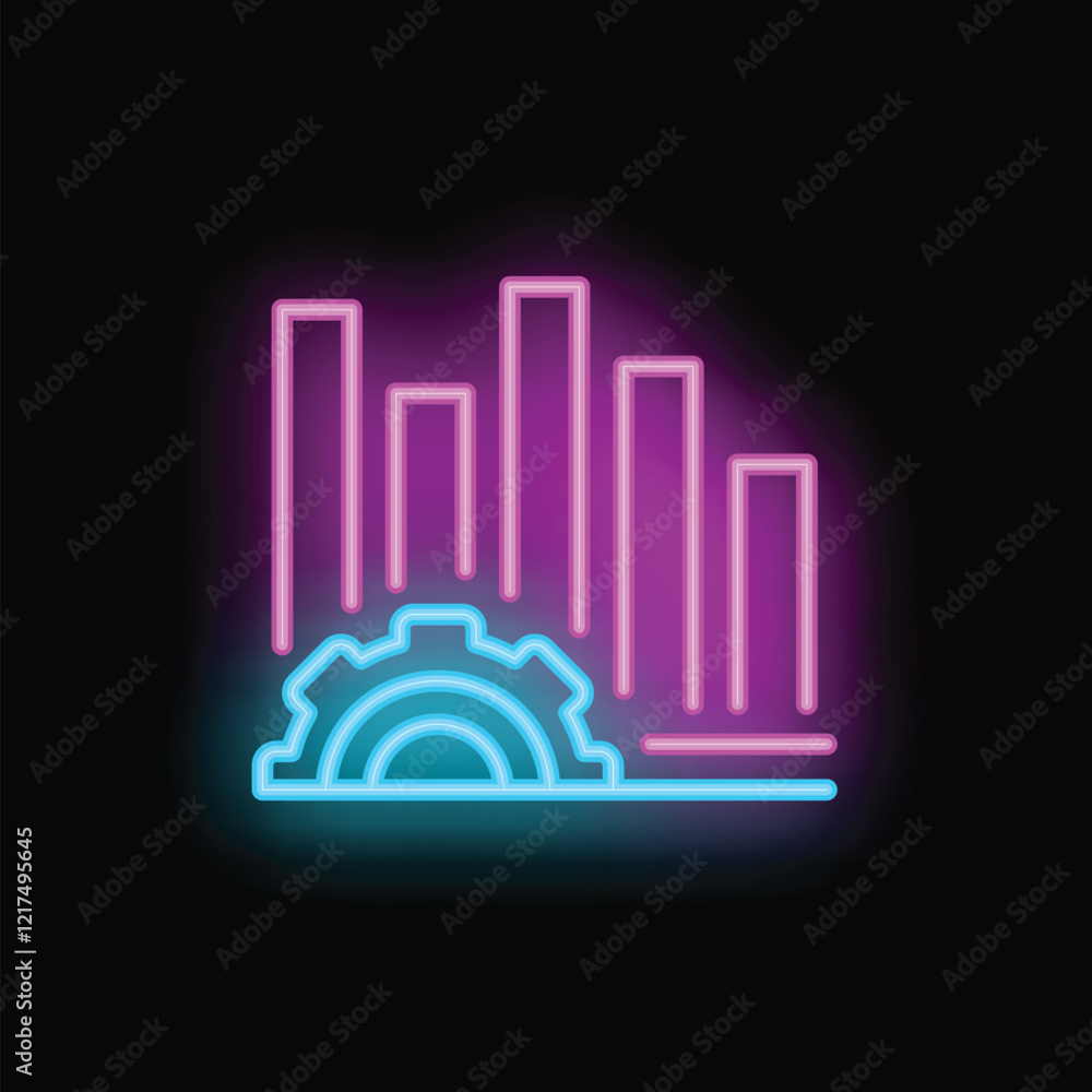 Poster glowing neon icon representing business processes automation with gear pushing graph bars up