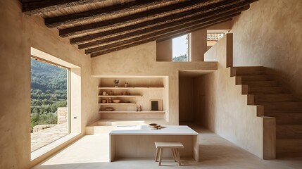 Rustic Mediterranean villa interior, kitchen, stairs, view