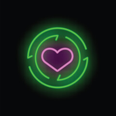 Bright pink neon heart is circulating inside a green circle with arrows, showing a concept of everlasting love