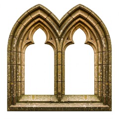 Old decayed stone Gothic window, isolated on a white background