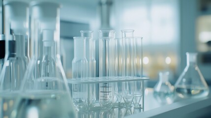 A detailed close-up of a medical lab with test tubes and analytical equipment, set against a plain backdrop, Scientific style
