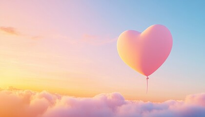 Fototapeta premium Pastel Heart Balloon Floating Above Dreamy Clouds at Sunrise