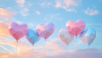Pastel Heart Shaped Balloons Floating in a Serene Sunset Sky