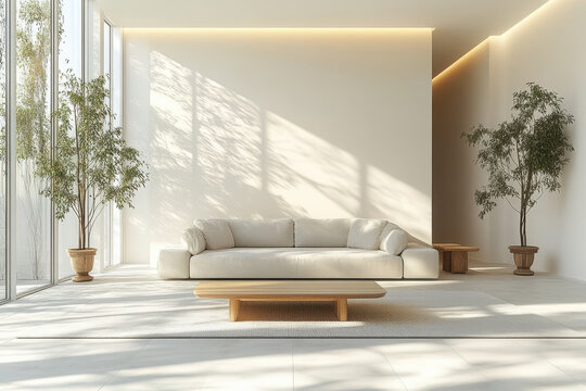 Minimalist Living Room, Beige Sofa, Wooden Coffee Table, Copy Space