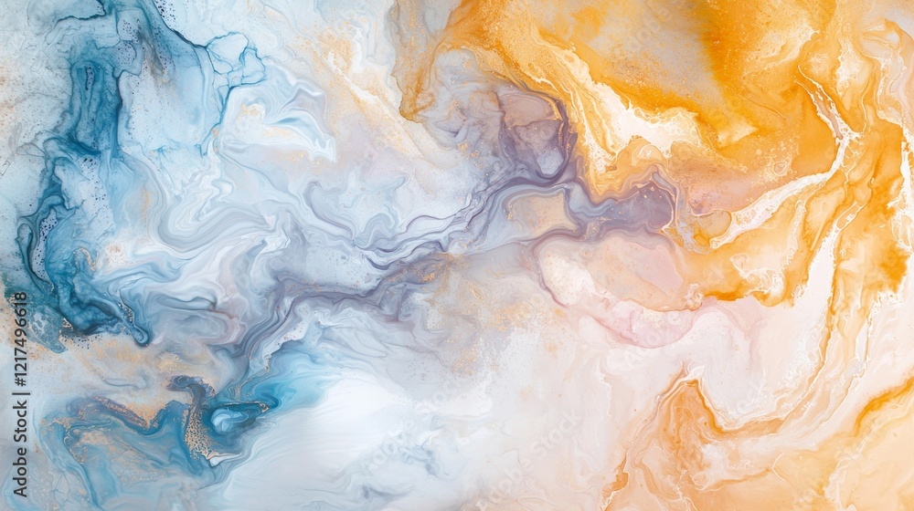 Poster fluid art painting background showcasing a mesmerizing blend of blue, orange, and gold colors, creat