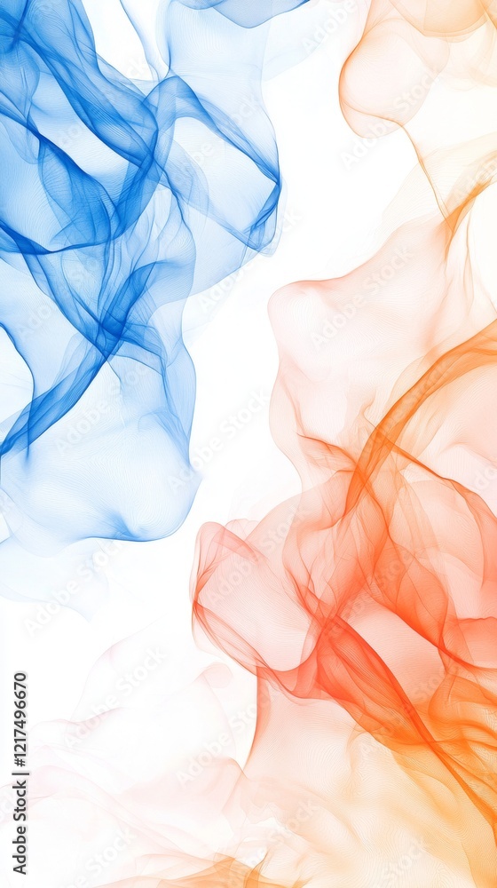 Poster blue and orange smoke intertwining and creating a gradient effect on a white background, forming a v