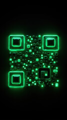 A futuristic green metallic QR code with a digital glitch effect.
