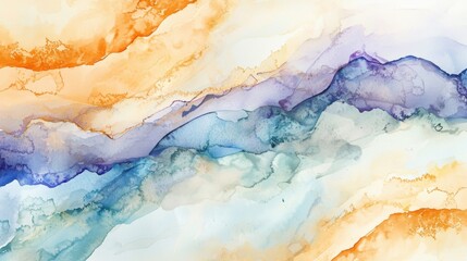 Naklejka premium Fluid art texture resembles a mountain landscape with flowing colors of orange, blue, and purple blending together, creating a dreamy and ethereal atmosphere