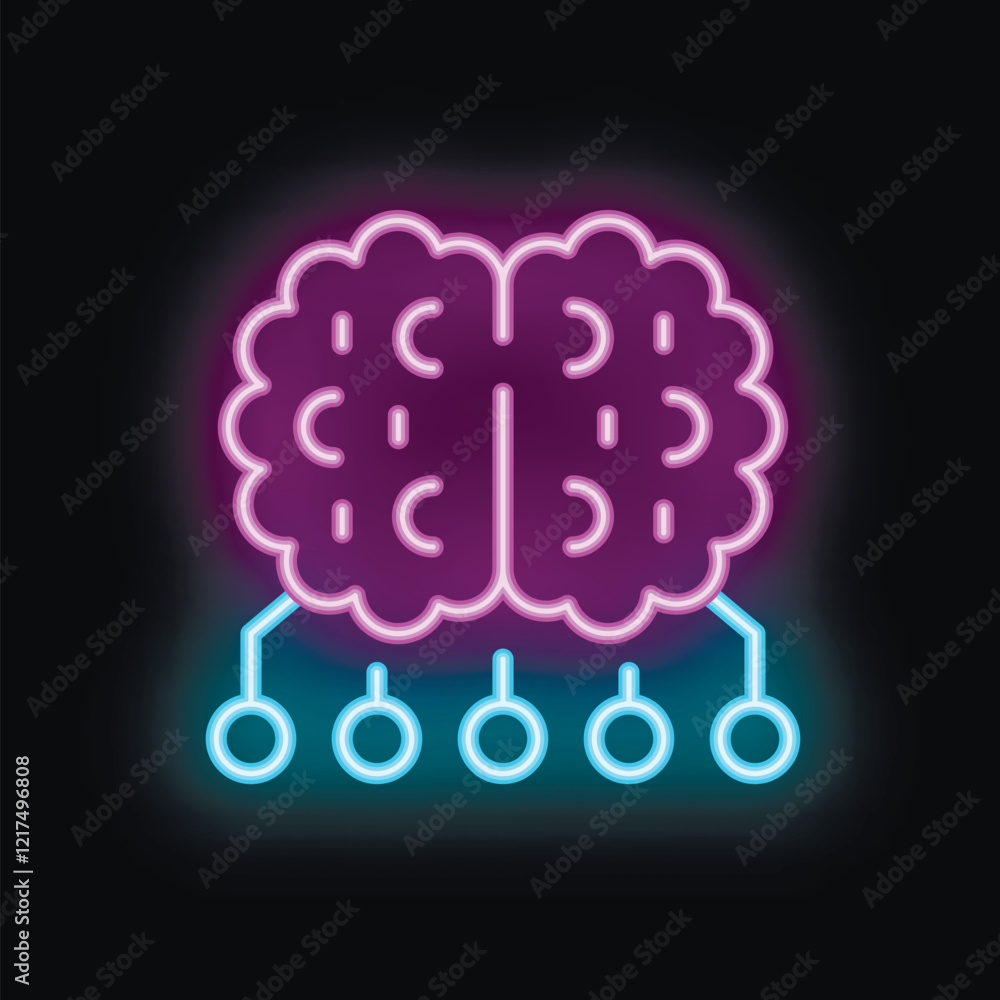 Poster neon human brain with glowing nodes representing a connection to a digital network