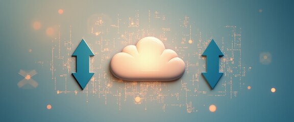 A stylized cloud icon sits at the center, flanked by vibrant blue arrows indicating upload and download actions. This modern digital illustration captures the essence of cloud computing, symbolizing