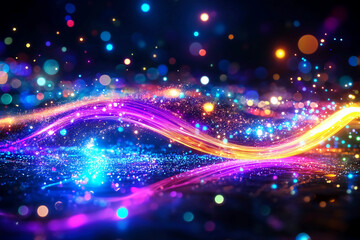 Ethereal Nighttime Spectacle: Vibrant, Glowing Iridescent Light Trails Dance and Twist Through the Darkness, Creating a Mesmerizing Display of Blue, Purple, and Green Hues