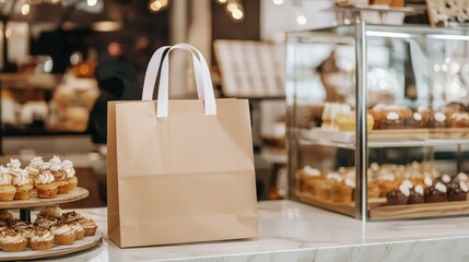 Brown paper bag with white handles resting on a marble countertop in a bakery, surrounded by tempting cupcakes and pastries displayed in a glass case