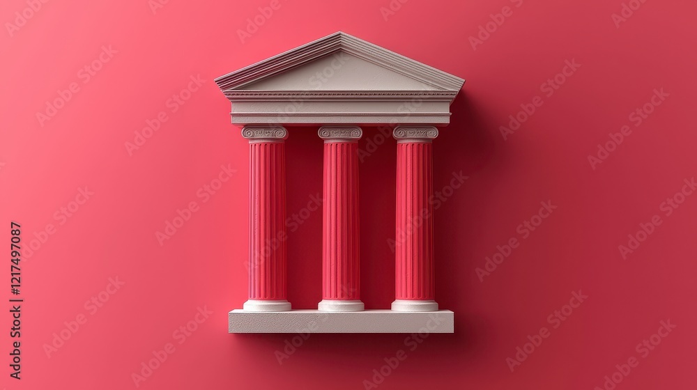 Poster minimalist 3d render of a white temple with three red columns against a pink background.
