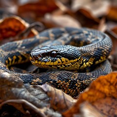 Hognose Snake Camouflaged: Autumn Palette Blending in Fallen Leaves Landscape