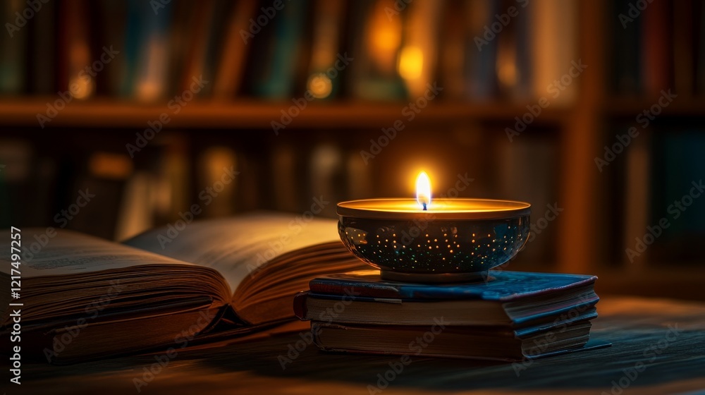 Poster cozy ambient scene featuring a lit candle on a stack of books with a warm library background invitin