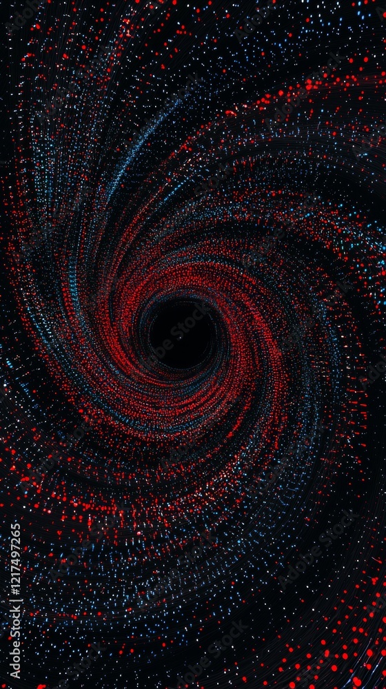 Poster red and blue particles swirl around a central void, creating a mesmerizing vortex against a dark bac