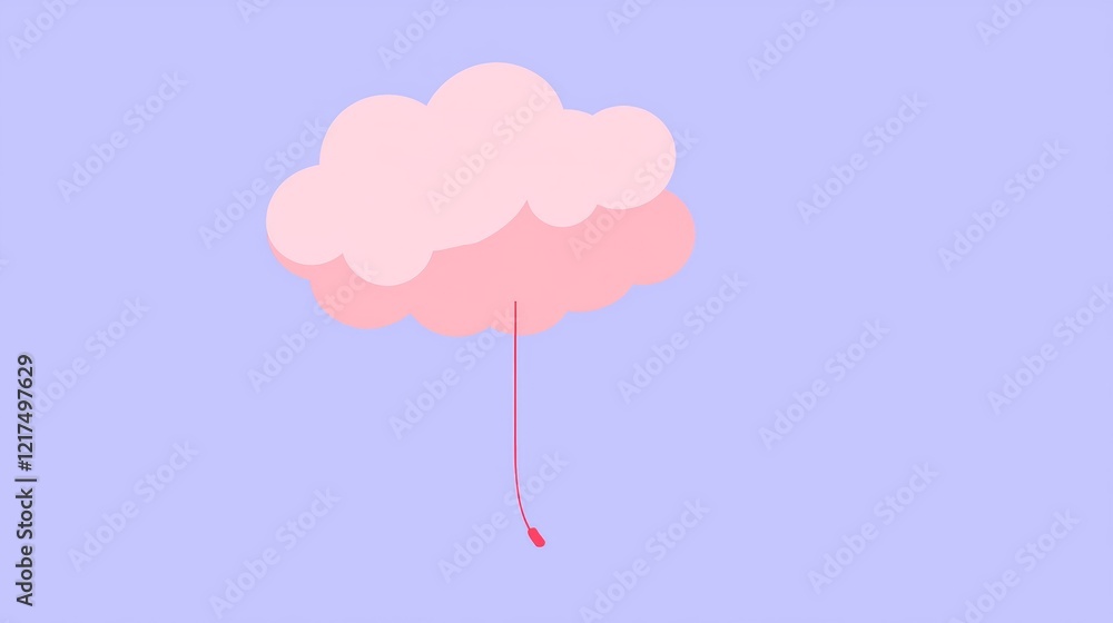 Poster minimalist illustration of a pink cloud hanging on a string against a purple background, creating a 
