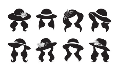 Elegant Hats with Floral Decorations Silhouette Icon Set