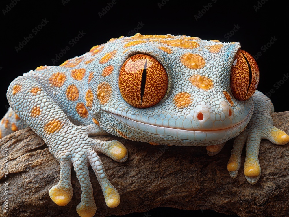 Poster a close-up of a colorful frog resting on a branch.