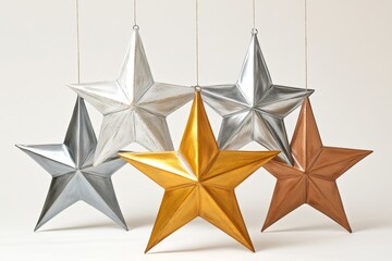 Obraz premium Decorative Metallic Stars in Silver, Gold, Copper, and Bronze Hanging on Strings Against a Light Neutral Background for Festive Ornamentation and Holiday Decor
