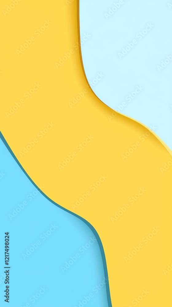 Poster yellow and blue colored layers creating wavy shapes with shadows, forming an abstract and modern des