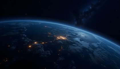 Earth viewed from space at night with illuminated cities