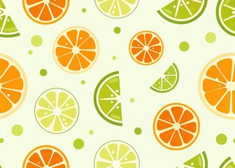 Seamless pattern featuring various slices of oranges and limes on white background