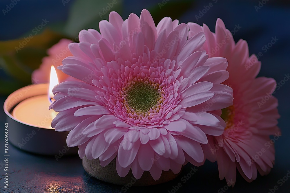 Poster delicate pink gerbera daisies with soft candlelight glow creating a tranquil and serene ambiance for