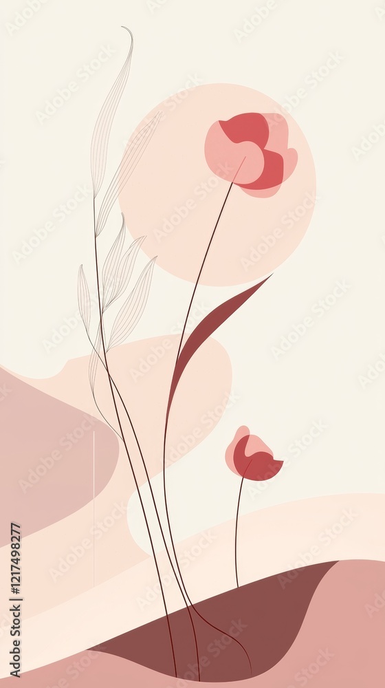 Poster minimalist botanical illustration featuring pink flowers and delicate leaves intertwined with abstra