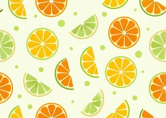Seamless pattern featuring various slices of oranges and limes on white background