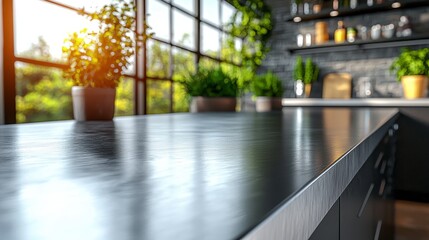Modern kitchen countertop with plants and window.