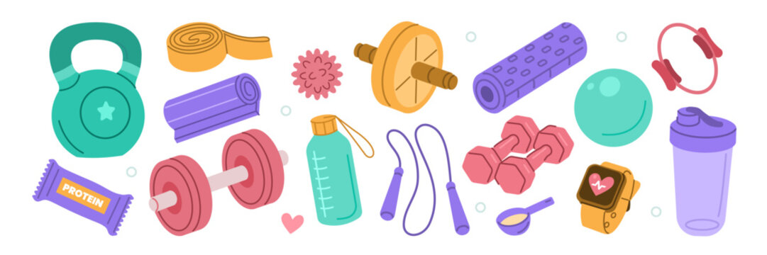 Weight training, yoga, pilates stickers set. Dumbbells, protein supplements, kettlebell, jump rope and other fitness elements. Modern cartoon concept. Vector illustration.