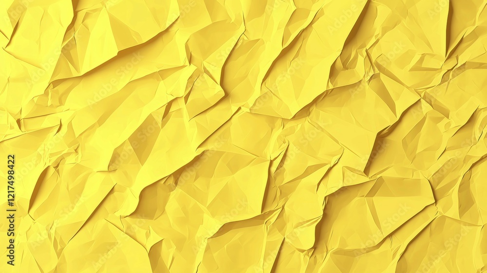 Poster bright yellow crumpled paper creating an abstract textured background, featuring an array of wrinkle