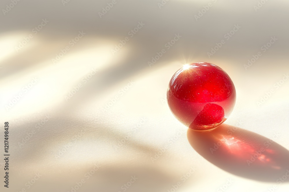 Poster delicate red glass sphere casting soft shadows on smooth surface with gentle light reflections and s