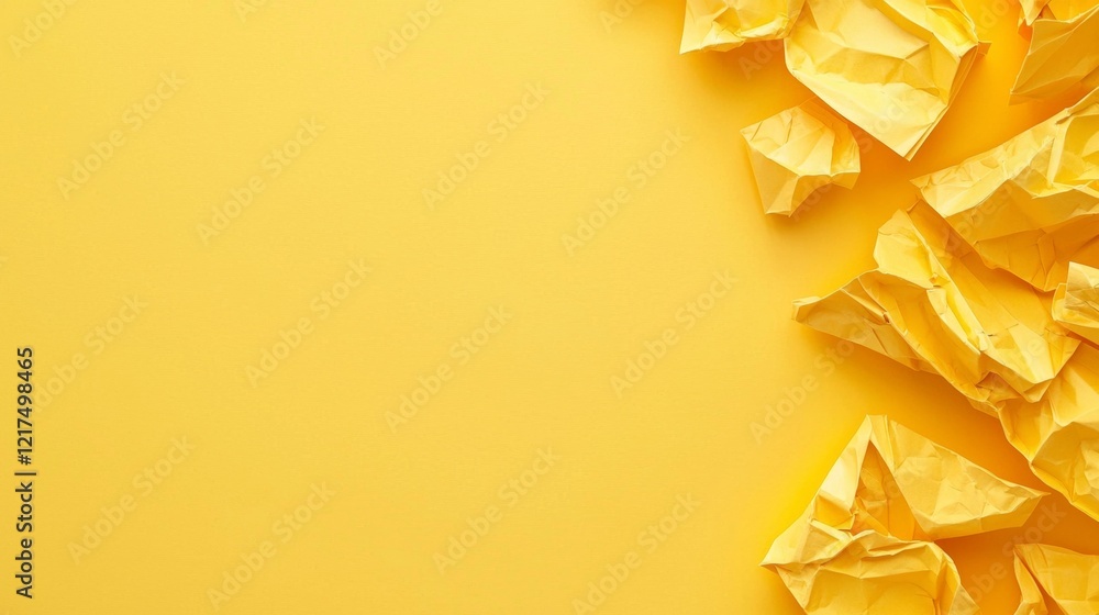 Poster Crumpled yellow paper resting on a vibrant yellow background forms an abstract textured design, offering generous copy space ideal for text or various design elements