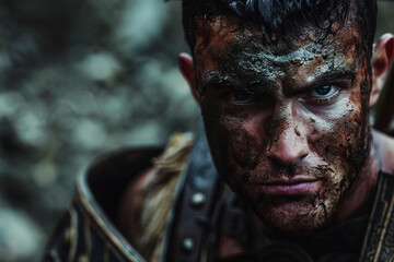 Generative AI image of a fierce ancient gladiator in battle-worn armor and helmet, inspired by Greek warriors