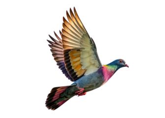 Colorful pigeon soaring in clear sky on transparent background