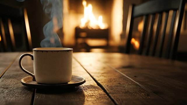 A cozy cup of tea beside a glowing fireplace on a wooden table.