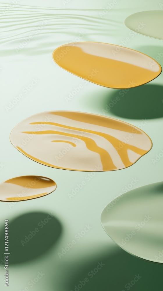 Aufkleber irregular shaped trays in yellow and green colors are floating on a pastel green background, creatin