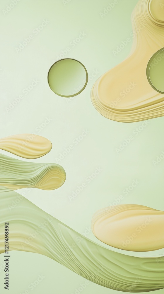 Poster smooth, undulating shapes in shades of green and yellow float against a serene pastel green backdrop