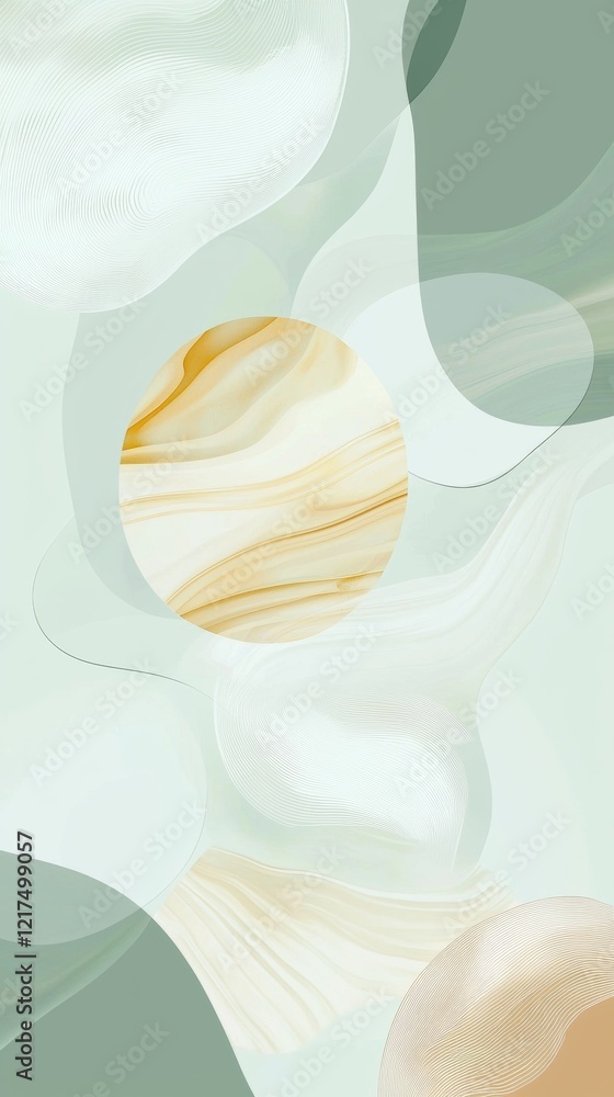 Aufkleber featuring an abstract pastel green and gold background, showcasing a marble circle and flowing shape