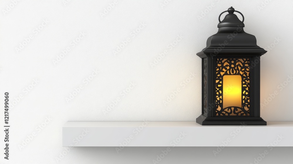 Poster elegant and decorative black lantern with intricate cut-out design casting a soft warm glow on a min