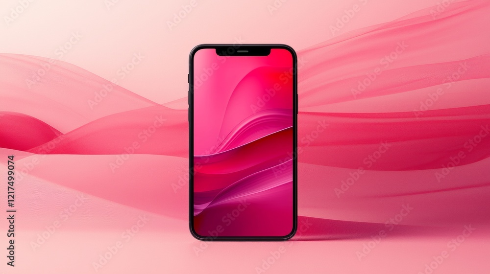 Poster modern smartphone showcasing a vibrant. fluid. abstract pink wallpaper design. set against a matchin