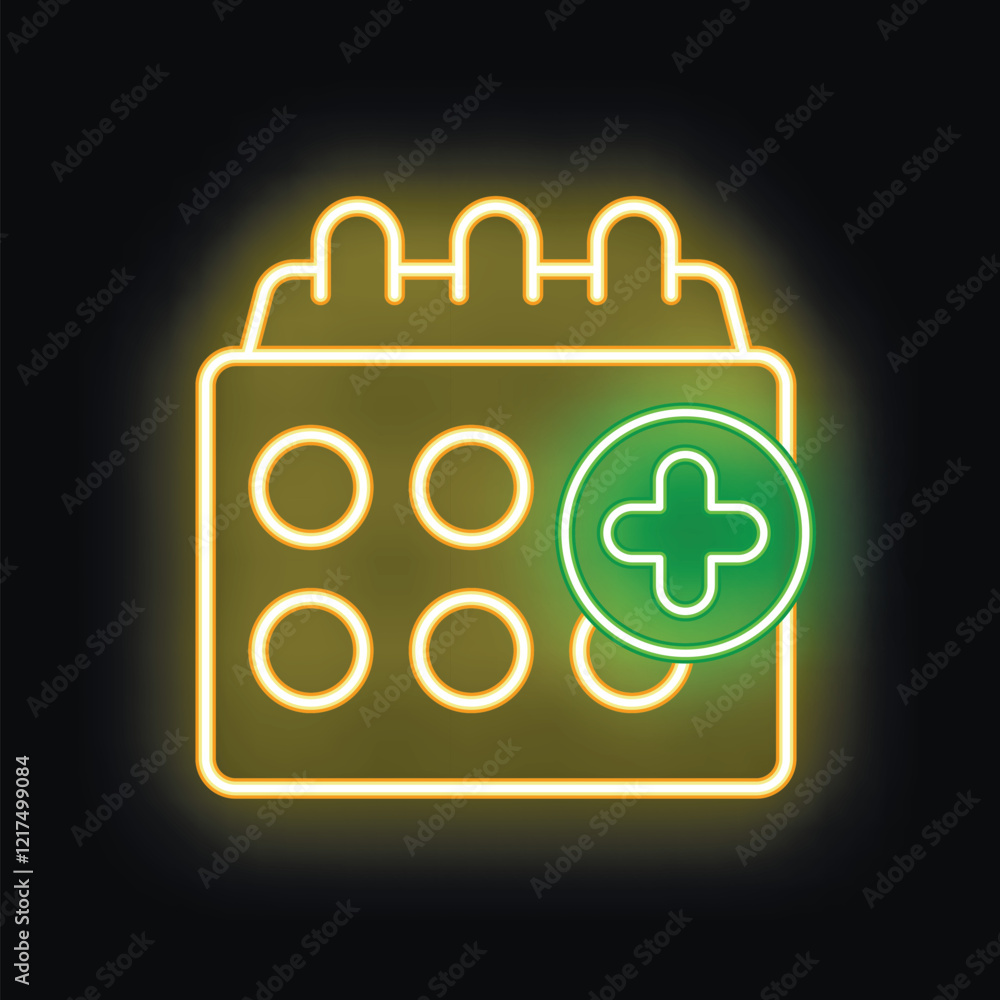 Poster glowing neon calendar showing plus sign for adding event on dark background