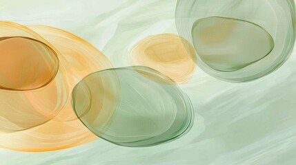 Soft, translucent spheres in shades of green and orange overlap and interact on a pale green backdrop, creating a serene and dreamlike atmosphere with flowing lines and gentle color gradients