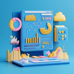 Data Visualization: A vibrant 3D render of a computer screen displaying various charts and graphs, symbolizing data analysis, business intelligence, and digital insights.  