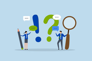 Question and answer, Businessman and woman with exclamation point, question mark in speech bubble dialogue. 
