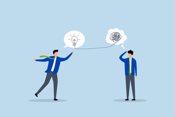 Problem solving skill to think of solution, perplexed entrepreneur with disorganized thoughts while others provide brilliant solutions. 