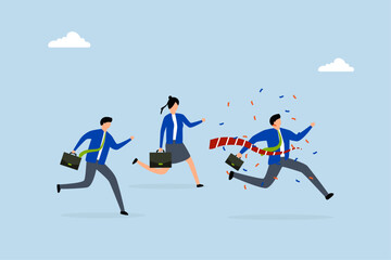 Businessman winning race celebrate victory at finish line